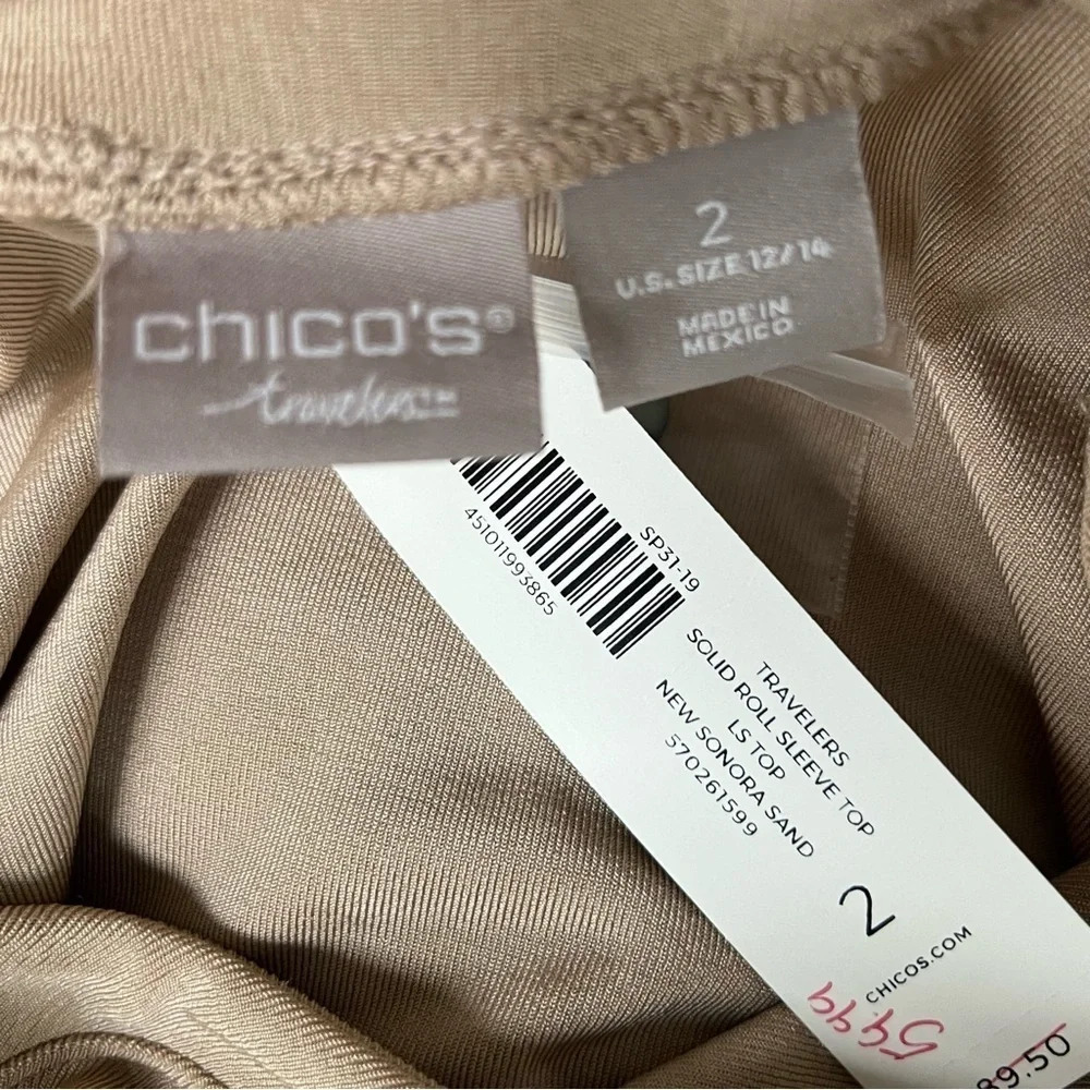 Chicos NWT Travelers Sand V-Neck Long Roll Tab Sleeve Slinky Top Size 2 (12-14) - Picture 13 of 14